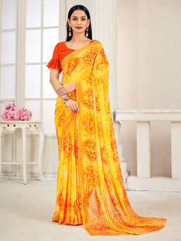 Akhilam - Women Georgette Orange Printed Designer Saree with Unstitched Blouse