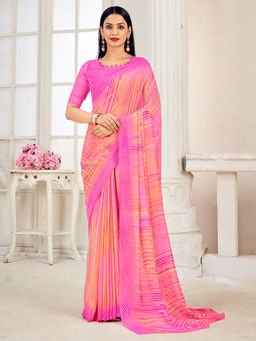 Akhilam - Women Georgette Peach Printed Designer Saree with Unstitched Blouse