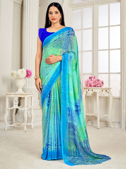 Akhilam - Women Georgette Navy Blue Printed Designer Saree with Unstitched Blouse