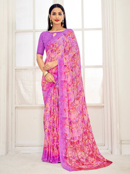 Akhilam - Women Georgette Pink Printed Designer Saree with Unstitched Blouse