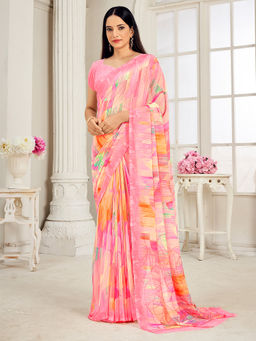 Akhilam - Women Georgette Pink Printed Designer Saree with Unstitched Blouse