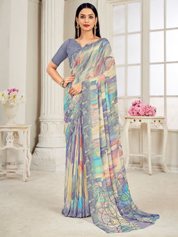 Akhilam - Women Georgette Beige Printed Designer Saree with Unstitched Blouse