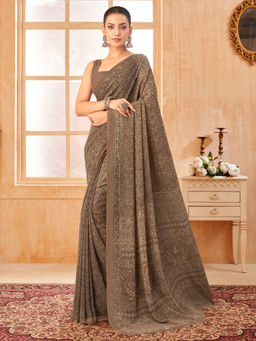 Akhilam - Women Georgette Brown Printed Designer Saree with Unstitched Blouse