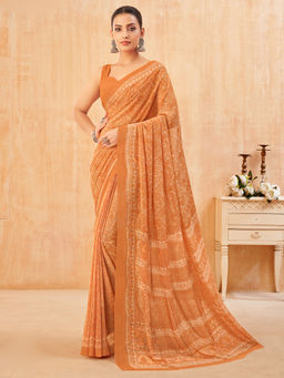 Akhilam - Women Georgette Bronze Printed Designer Saree with Unstitched Blouse