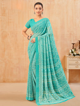 Akhilam - Women Georgette Turquoise Printed Designer Saree with Unstitched Blouse