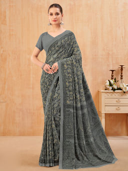 Akhilam - Women Georgette Grey Printed Designer Saree with Unstitched Blouse