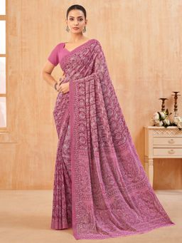 Akhilam - Women Georgette Mauve Printed Designer Saree with Unstitched Blouse