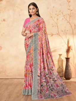 Akhilam - Women Georgette Pink Printed Designer Saree with Unstitched Blouse