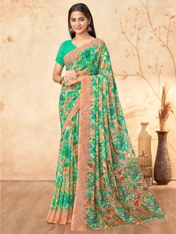 Akhilam - Women Georgette Green Printed Designer Saree with Unstitched Blouse