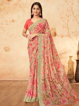 Akhilam - Women Georgette Coral Printed Designer Saree with Unstitched Blouse