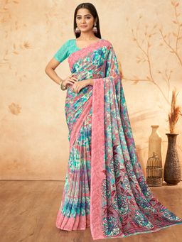 Akhilam - Women Georgette Light Blue Printed Designer Saree with Unstitched Blouse