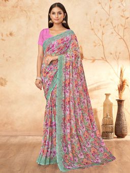 Akhilam - Women Georgette Purple Printed Designer Saree with Unstitched Blouse