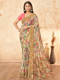 Akhilam - Women Georgette Beige Printed Designer Saree with Unstitched Blouse