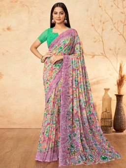 Akhilam - Women Georgette Purple Printed Designer Saree with Unstitched Blouse