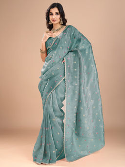 Akhilam - Women Organza Light Blue Embroidered Designer Saree with Unstitched Blouse