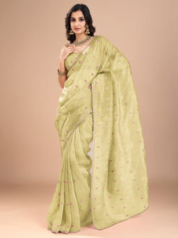 Akhilam - Women Organza Yellow Embroidered Designer Saree with Unstitched Blouse