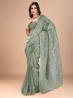Akhilam - Women Organza Sea Green Embroidered Designer Saree with Unstitched Blouse