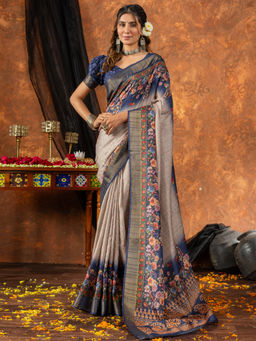 Akhilam - Women Silk Blend Cream Printed Designer Saree with Unstitched Blouse