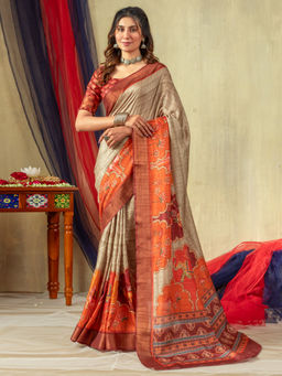 Akhilam - Women Silk Blend Beige Printed Designer Saree with Unstitched Blouse