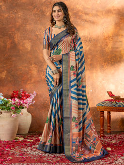 Akhilam - Women Silk Blend Beige Printed Designer Saree with Unstitched Blouse