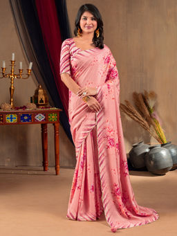 Akhilam - Women Viscose Pink Printed Designer Saree with Unstitched Blouse