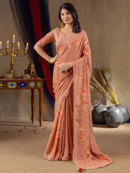 Akhilam - Women Viscose Peach Printed Designer Saree with Unstitched Blouse