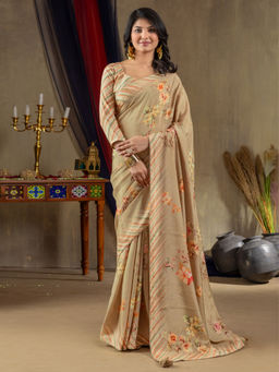 Akhilam - Women Viscose Beige Printed Designer Saree with Unstitched Blouse