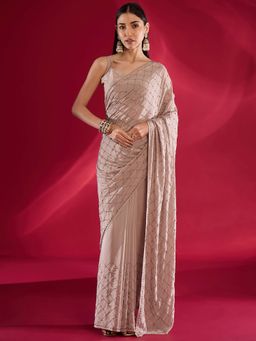 Akhilam - Women Crepe Beige Embellished Designer Saree with Unstitched Blouse