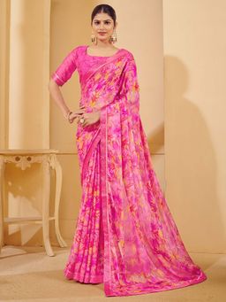 Akhilam - Women Chiffon Pink Printed Designer Saree with Unstitched Blouse