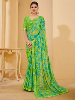 Akhilam - Women Chiffon Light Green Printed Designer Saree with Unstitched Blouse