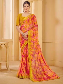 Akhilam - Women Chiffon Pink Printed Designer Saree with Unstitched Blouse