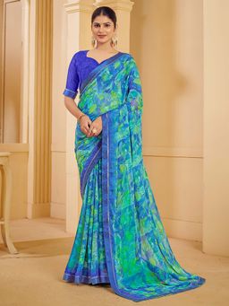 Akhilam - Women Chiffon Navy Blue Printed Designer Saree with Unstitched Blouse