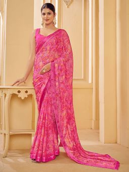 Akhilam - Women Chiffon Pink Printed Designer Saree with Unstitched Blouse