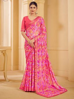 Akhilam - Women Chiffon Pink Printed Designer Saree with Unstitched Blouse