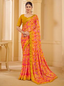 Akhilam - Women Chiffon Mustard Printed Designer Saree with Unstitched Blouse