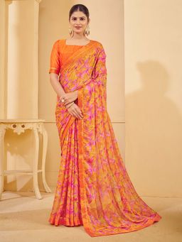 Akhilam - Women Chiffon Orange Printed Designer Saree with Unstitched Blouse