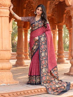 Akhilam - Women Malai Silk Pink Printed Designer Saree with Unstitched Blouse