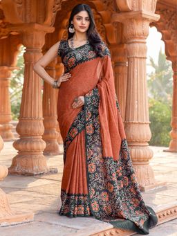 Akhilam - Women Malai Silk Orange Printed Designer Saree with Unstitched Blouse