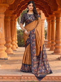 Akhilam - Women Malai Silk Bronze Printed Designer Saree with Unstitched Blouse