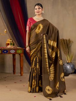 Akhilam - Women Satin Silk Brown Printed Designer Saree with Unstitched Blouse