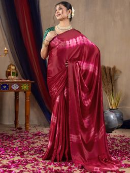 Akhilam - Women Satin Silk Magenta Printed Designer Saree with Unstitched Blouse