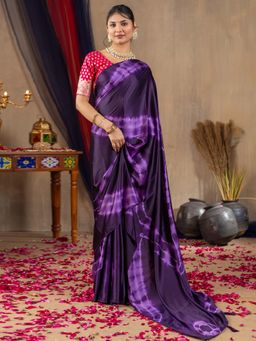 Akhilam - Women Satin Silk Purple Printed Designer Saree with Unstitched Blouse