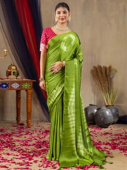 Akhilam - Women Satin Silk Light Green Printed Designer Saree with Unstitched Blouse