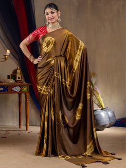 Akhilam - Women Satin Silk Brown Printed Designer Saree with Unstitched Blouse