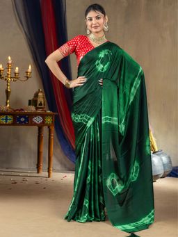 Akhilam - Women Satin Silk Green Printed Designer Saree with Unstitched Blouse