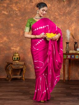 Akhilam - Women Satin Silk Pink Printed Designer Saree with Unstitched Blouse