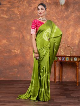 Akhilam - Women Satin Silk Light Green Printed Designer Saree with Unstitched Blouse