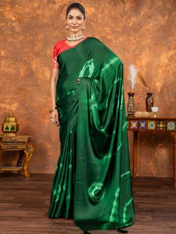 Akhilam - Women Satin Silk Green Printed Designer Saree with Unstitched Blouse