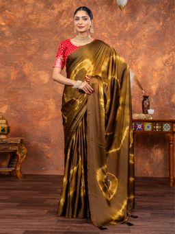 Akhilam - Women Satin Silk Brown Printed Designer Saree with Unstitched Blouse