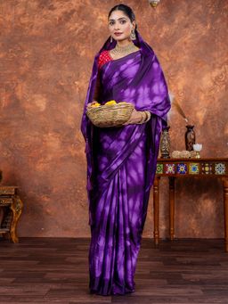 Akhilam - Women Satin Silk Light Purple Printed Designer Saree with Unstitched Blouse